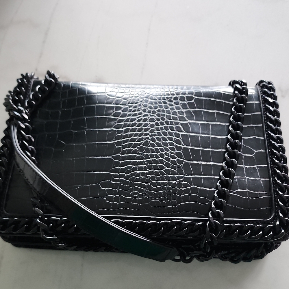 Aldo Black Croc-Embossed Shoulder Bag with Chain Strap